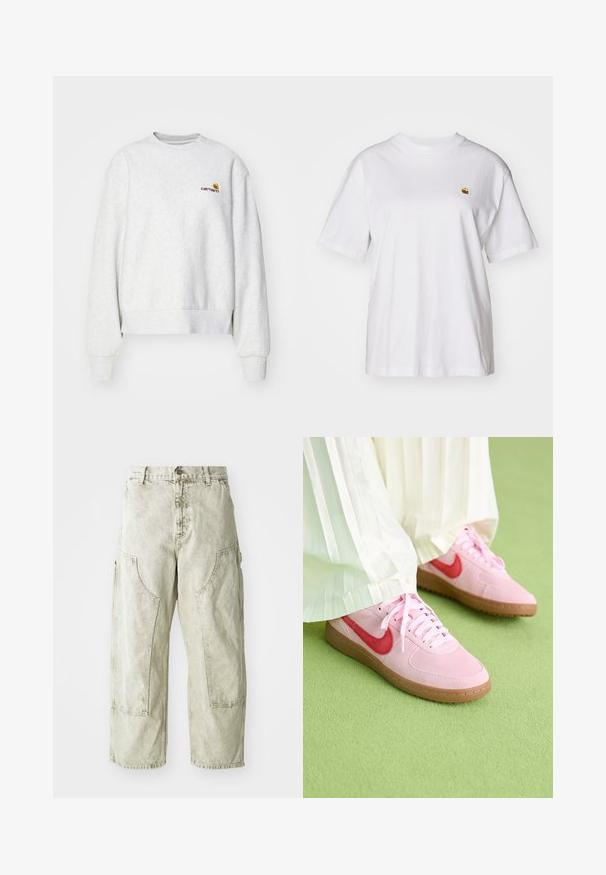 Grijze crewneck sweatshirt van een zachte stof met geribbelde manchetten en onderrand; voorzien van een geborduurd logo op de borst in geel en bordeauxrood.; Witte katoenen t-shirt met een relaxte pasvorm, korte mouwen en een klein geborduurd logo op de linkerborst.; Lichtgroene wijd gesneden cargobroek van denim, met grote zijzakken, een knoop- en ritsluiting en zichtbare stikdetails.; Roze suède sportschoenen met een rood logo en bijpassende veters. De zool is van lichtbruin rubber. Draag ze met witte geplooide broeken op een groene ondergrond.
