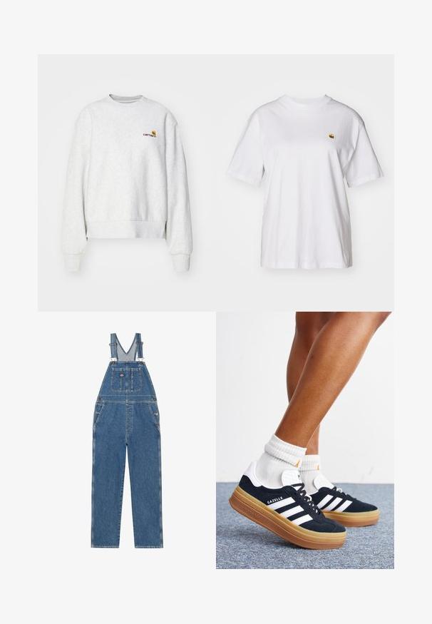 Grå crew-neck sweatshirt i et blødt stof med ribbede manchetter og kant; har broderet logo på brystet i gul og mørkerød.; Hvid bomulds-t-shirt med en afslappet pasform, korte ærmer og et lille broderet logo på venstre brystområde.; Denim overalls med justerbare stropper, V-formet brystlomme, frontlomme og sidelommer. Har en klassisk blå farve og kontrastsyninger.; Ben iført hvide sokker og sorte Adidas Gazelle sneakers med hvide striber og tykke brune såler på et gråt tæppe.