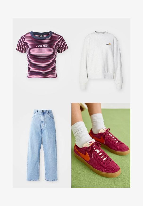 Sudadera gris de cuello redondo en una tela suave con puños y dobladillo de punto; presenta un logo bordado en el pecho en amarillo y burdeos.; Camiseta de manga corta a rayas en azul marino, rojo y rosa. Presenta un cuello en azul marino sólido y un logotipo bordado de "SANTA CRUZ" en la parte frontal.; Jeans de mezclilla de tiro alto en color azul claro, con piernas rectas y anchas, cierre frontal con botón y cremallera, y bolsillos delanteros y traseros.; Zapatillas Nike de tejido burdeos con el swoosh naranja, presentan una lengüeta color crema y cordones blancos; suela de goma con acabado texturizado.