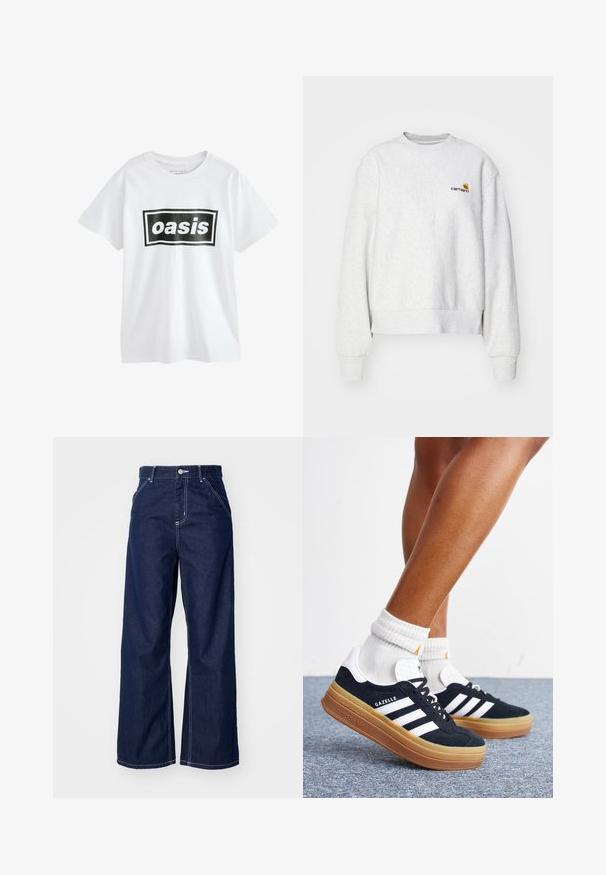 Sweatshirt gris à col rond en tissu doux avec des poignets et un ourlet côtelés ; présente un logo brodé sur la poitrine en jaune et bordeaux.; T-shirt blanc à manches courtes avec un encadré rectangulaire noir contenant le mot "oasis" en lettres blanches en gras centré sur le devant.; Jean large en denim bleu foncé, avec une taille haute, des coutures blanches contrastantes et un design traditionnel à cinq poches.; Jambes portant des chaussettes blanches et des baskets Adidas Gazelle noires avec des bandes blanches et des semelles épaisses marron sur un sol recouvert de moquette grise.