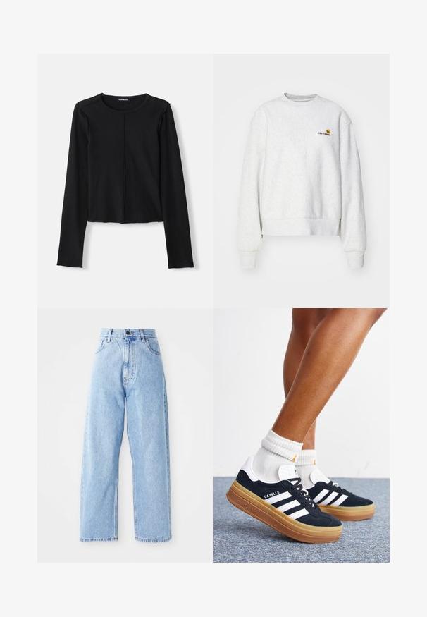 Sweatshirt gris à col rond en tissu doux avec des poignets et un ourlet côtelés ; présente un logo brodé sur la poitrine en jaune et bordeaux.; Haut noir à manches longues côtelé avec un col rond et un design court, présentant des bords bruts et une couture centrale à l'avant. Fabriqué à partir d'un matériau extensible.; Jeans en denim bleu clair taille haute avec des jambes droites larges, fermeture à bouton à l'avant, fermeture éclair et poches avant et arrière.; Jambes portant des chaussettes blanches et des baskets Adidas Gazelle noires avec des bandes blanches et des semelles épaisses marron sur un sol recouvert de moquette grise.