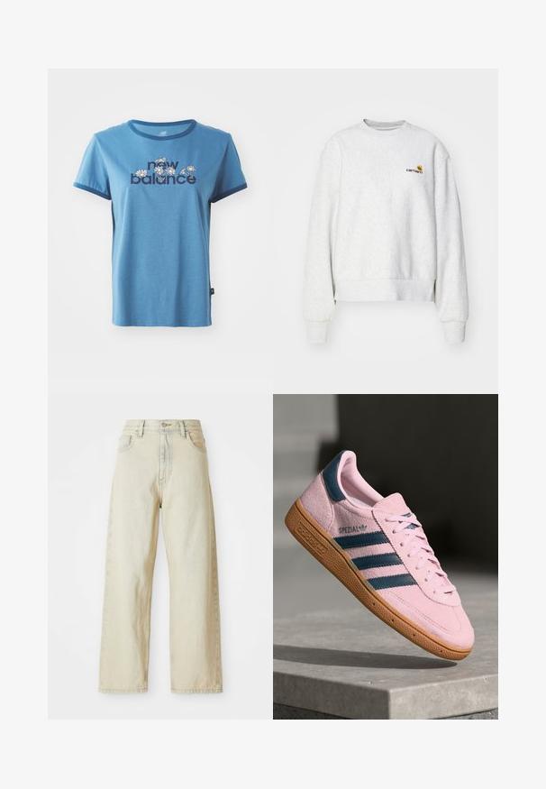 Grijze crewneck sweatshirt van een zachte stof met geribbelde manchetten en onderrand; voorzien van een geborduurd logo op de borst in geel en bordeauxrood.; Blauwe katoenen t-shirt met korte mouwen, marineblauwe afwerking, met "new balance" tekst en bloemenontwerpen in het wit en geel op de voorkant.; Brede denimjeans in een licht beige tint, met voorzakken, een hoge taille en subtiele stikdetails. Gemaakt van textuurdenim.; Lichtroze suède sneaker met marineblauwe drie strepen, rubberen zool en lichtroze veters. Heeft het "SPEZIAL"-logo aan de zijkant.
