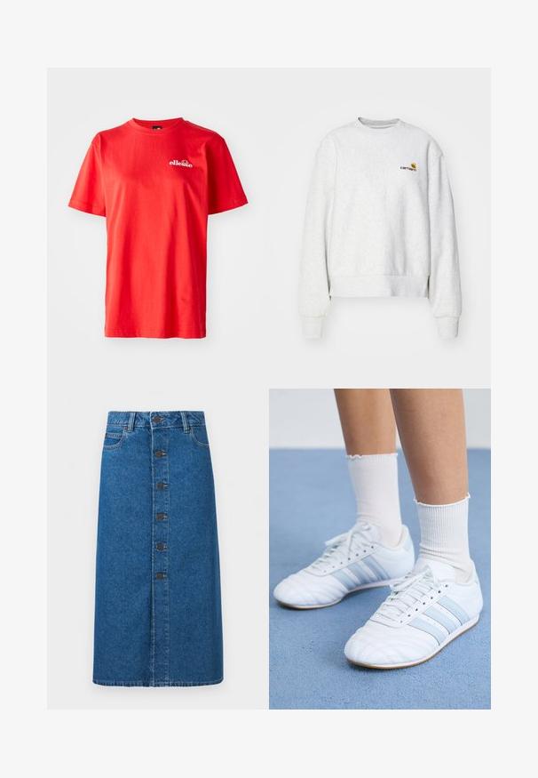 Sweatshirt gris à col rond en tissu doux avec des poignets et un ourlet côtelés ; présente un logo brodé sur la poitrine en jaune et bordeaux.; T-shirt en coton rouge à manches courtes, col rond, avec un petit logo blanc sur la poitrine. Texture lisse avec une coupe classique.; Jupe midi en denim bleu avec fermeture à boutons sur le devant, passants pour ceinture, et poches latérales, présentée sur un fond blanc uni.; Baskets en cuir blanc avec des rayures bleu clair, bout texturé, et chaussettes blanches mi-mollet. Présentées sur une surface de tapis bleu.