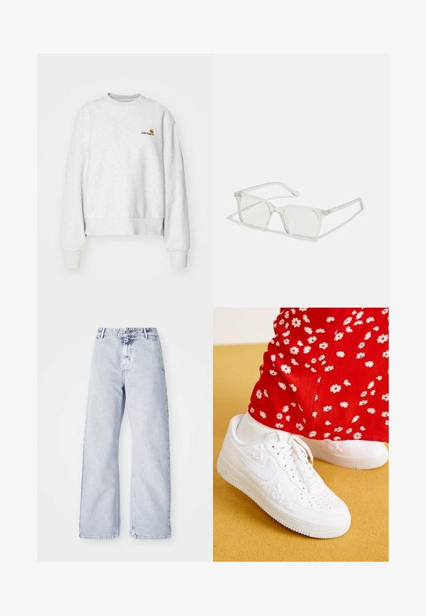Grijze crewneck sweatshirt van een zachte stof met geribbelde manchetten en onderrand; voorzien van een geborduurd logo op de borst in geel en bordeauxrood.; Lichtblauwe denim wijde jeans met een hoge taille, knoopsluiting en vijf-pocket ontwerp. Zachte textuur en zichtbare stikdetails.; Witte leren sneakers met bloemige reliëfaccenten, ronde neus en een gestructureerde rubberen zool. In combinatie met rode broek met witte bloemenprint.; Heldere plastic vierkante monturen met doorzichtige glazen, gekenmerkt door gouden accenten op de slapen voor extra detail.