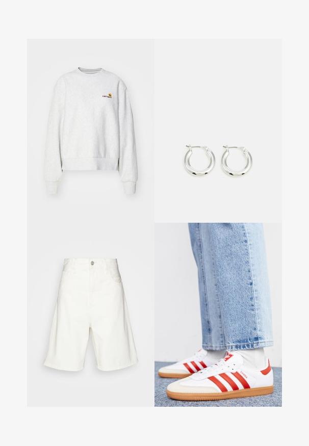 Sudadera gris de cuello redondo en una tela suave con puños y dobladillo de punto; presenta un logo bordado en el pecho en amarillo y burdeos.; Shorts de mezclilla blanca con una cintura alta, que cuentan con un cierre de botón frontal, dos bolsillos laterales y un ajuste relajado. Textura suave sin patrones visibles.; Zapatillas de cuero blancas con rayas y detalles rojos. Cuentan con una suela de goma texturizada y un collar acolchado. Llevadas con denim azul claro.; Pendientes de aro de plata con un acabado pulido, que presentan una forma circular y un cierre de gancho. Textura suave con detalles mínimos.