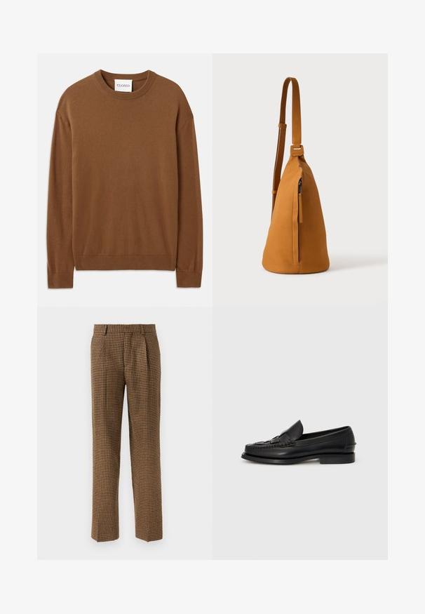 CLOSED CREW NECK LONG SLEEVE - Striktrøje - light mocha brown; Brune ternede bukser med løs pasform, der har folder foran, et glat tekstureret stof og et lige ben design.; Sorte læderloafer med et vævet detaljer hen over fronten, rund tå og en lav hæl. Glat tekstur og minimalistisk design.; Tan læder crossbodytaske med justerbar rem og lodret lynlåslomme, vist fra siden mod en ensfarvet lys baggrund.