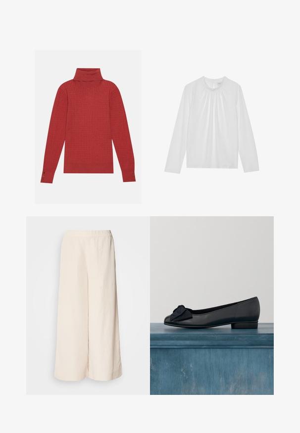 Rød strikket højhalset sweater med ribbet tekstur, præget af tre knapdetaljer på hver ærme. Blødt stof med en afslappet pasform.; Hvid langærmet top med rund halsudskæring og samlet detalje omkring kraven. Fremstillet af glat stof og har en nøglehulslukning på ryggen.; Cremefarvede vidde bukser med elastisk talje, der har en afslappet pasform og glat tekstur, velegnet til afslappet brug.; Sorte læder balletflade med rund tå, der har en patentlæderhætte og en stofsløjfe detalje foran. Lav, robust hæl.