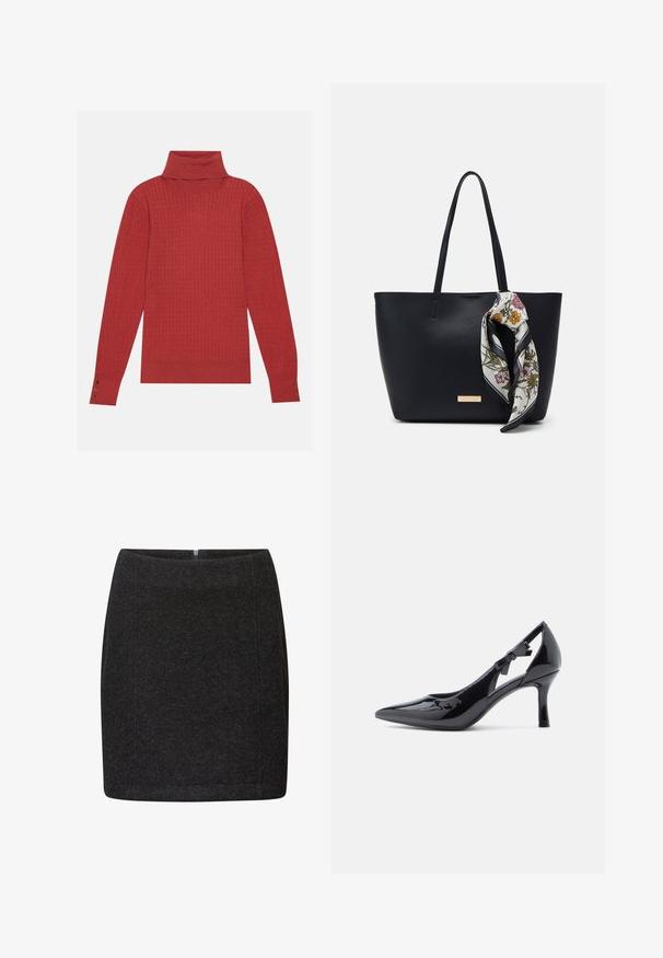 Pull en maille rouge avec col roulé et texture côtelée, arborant trois boutons décoratifs sur chaque manche. Tissu doux avec une coupe décontractée.; Mini-jupe noire en tissu texturé avec une coupe slim, dotée d'une fermeture éclair au dos et de coutures nettes. Design simple sans motifs visibles.; Escarpin à talons hauts en cuir verni noir, à bout pointu, avec bride de cheville ornée d'un nœud et talon stiletto élancé.; Sac fourre-tout en cuir noir avec deux poignées, orné d'une écharpe en soie florale attachée à la poignée et d'un accent logo métallique à l'avant.