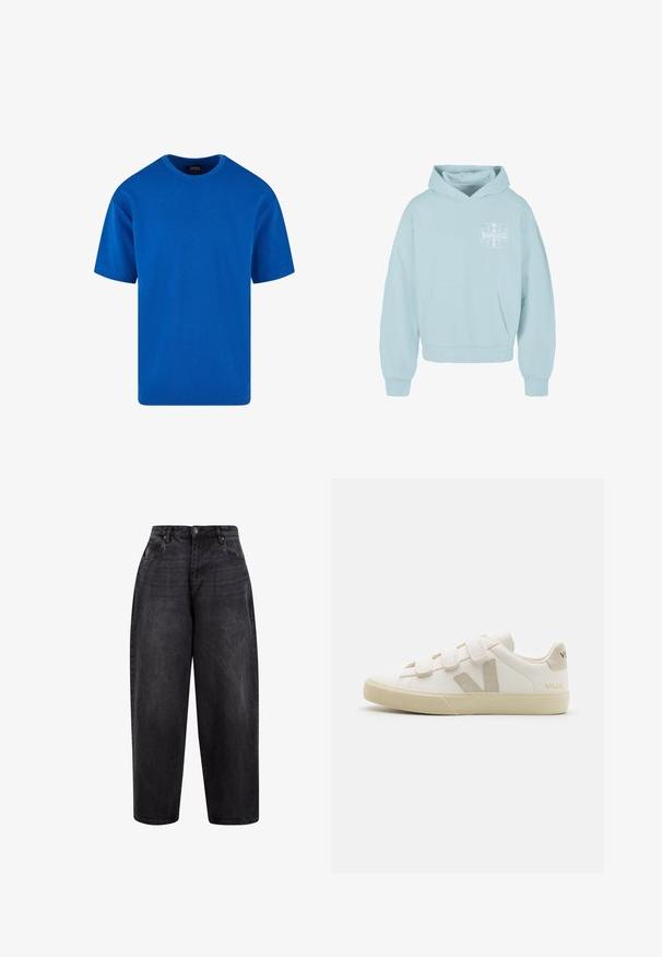 Sudadera de color azul claro con un bolsillo canguro, puños de canalé y un estampado gráfico en blanco en el pecho. Tejido suave y corte relajado.; Camiseta azul de mangas cortas hecha de algodón, con un cuello redondo clásico y un corte relajado. Textura suave sin patrones ni acentos visibles.; Pantalones vaqueros de mezclilla negra de pierna ancha con una cintura alta, que presentan un cierre de botón, bolsillos frontales y una textura ligeramente envejecida para un look casual.; Zapatillas de cuero blancas con correas de Velcro, acentos beige, punta redondeada, suela de goma texturizada y logo en relieve. Diseño minimalista.