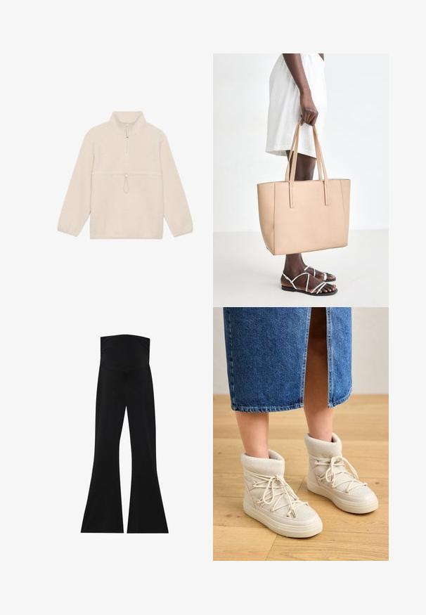 Fleece pullover i off-white, med lynlås i halsen, lange ærmer og en frontlomme med snor til justering. Blød tekstur.; Sorte flairede bukser med høj talje, lavet af strækbart stof. Har en glat tekstur og et simpelt, minimalistisk design.; Beige ankelstøvler med en blød, strikket kant og hvide snørebånd. Sålen er tyk og struktureret, parret med en blå denimnederdel.; Beige læder tote taske med to lange håndtag, rektangulær form, glat tekstur og minimalistisk design.