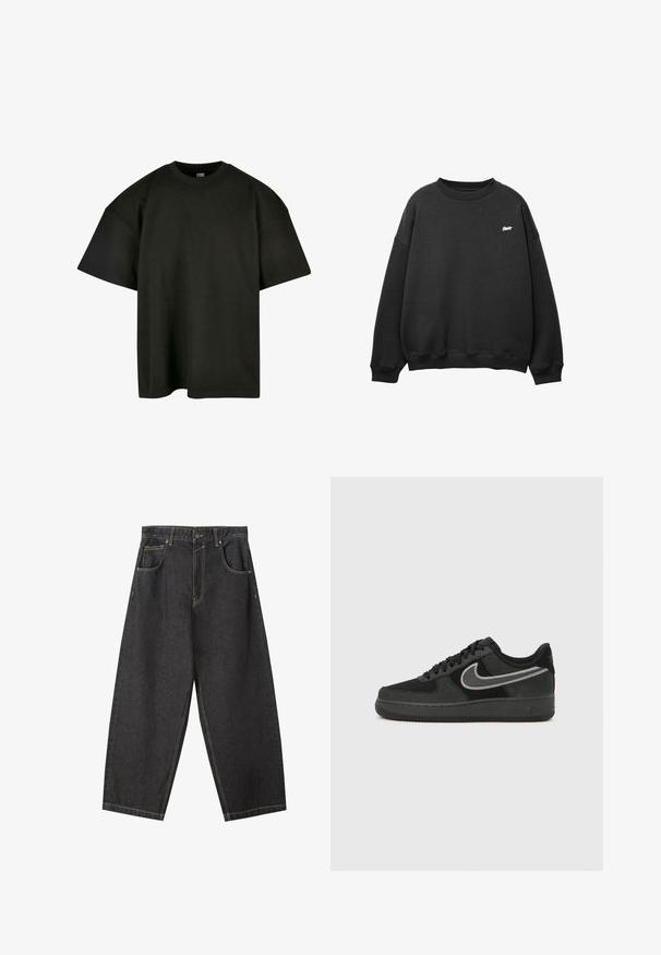 Sort crewneck sweatshirt med lange ærmer og lille hvidt logo på venstre bryst, med ribstrikkede manchetter og kant.; Sort oversized t-shirt i blød bomuld. Har en rund crew neckline og korte ærmer, med en glat tekstur og minimalistisk design.; Sorte denim brede bukser med gule sømme, fem-lomme-design og en mid-rise talje. Struktureret stof med en glat overflade.; Nike Air Force 1 sneaker i sort ruskind og læder med en sølvfarvet swoosh, rund tå, snørebånd og tekstureret gummiydersål.