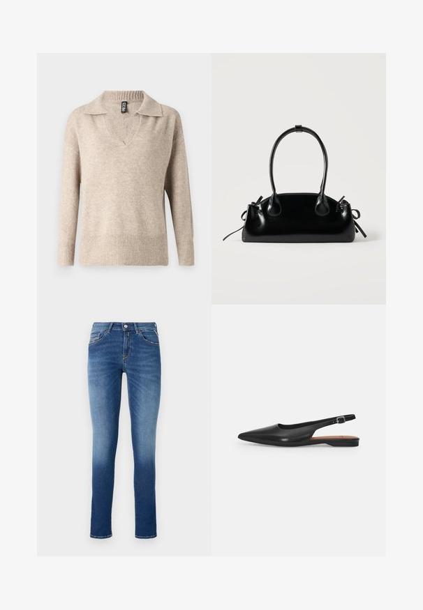 Beige gebreide trui met een V-hals en een ribbelkraag. Beschikt over lange mouwen en een ribbelzoom, gemaakt van een zacht, textuurvol materiaal.; Blauwe denim jeans met een slim fit, een middelhoge taille, vijf zakken en een lichte vervaging van bovenbeen tot zoom.; Zwarte leren slingback schoen met een spitse neus, subtiele glans en een verstelbare enkelband. Platte hak met een brown inlegzool.; Kleine zwarte glanzende handtas met twee lange hengsels en zijkant trekkoord details op een effen lichte achtergrond.