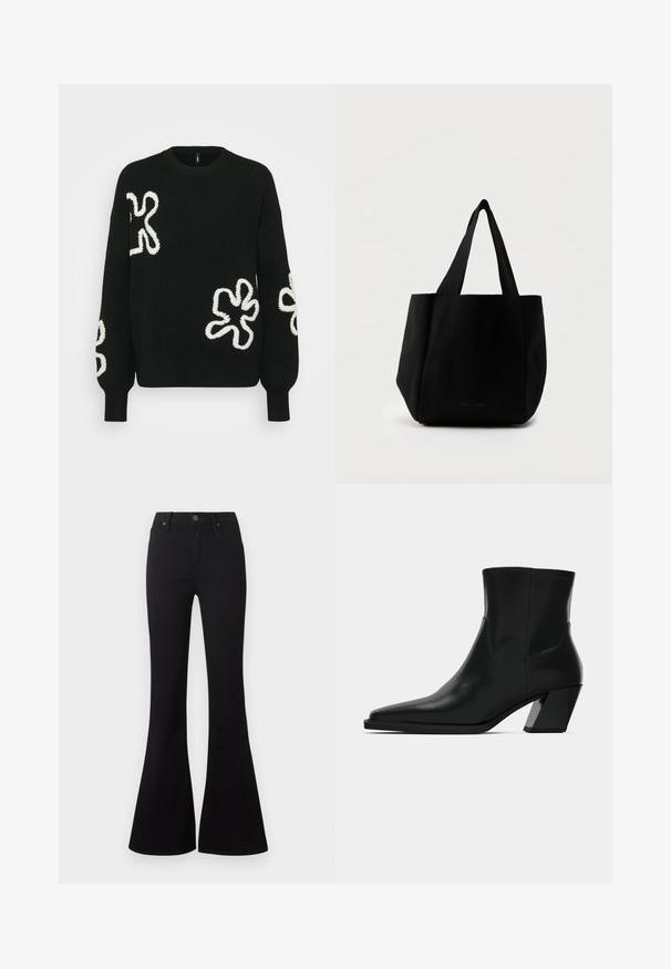 Schwarzer Strickpullover mit weißen strukturierten Blumenmustern auf den Ärmeln und der Vorderseite, mit Rundhalsausschnitt und gerippten Bündchen.; Schwarze High-Waist-Flare-Jeans mit Frontknopf und Taschen, auf weißem Hintergrund dargestellt.; Schwarze Leder-Stiefelette mit spitzem Zeh, schlanker Silhouette und klobigem quadratischem Absatz. Glatte Textur mit minimalen Nähdetails.; Schwarze Tragetasche mit vertikaler gerippter Textur, zwei Stoffgriffen und einer strukturierten Form. Schlichtes Design ohne sichtbare Beschläge oder Akzente.