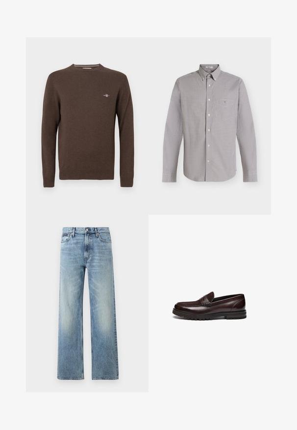 Brun strikket sweater med rund halsudskæring, lange ærmer, ribstrikkede manchetter og kant. Har en lille broderet logo på brystet.; Langærmet skjorte med små sort-hvide tern og en brystlomme foran på lys baggrund.; Lyseblå denim jeans med lige ben, højt talje, fem lommer, knaplukning og diskrete falmede områder på lår og knæ.; Brune læder loafers med en ruskindsdetalje, rund tå og tekstureret gummisål. Har syet detaljering og en let hæl.