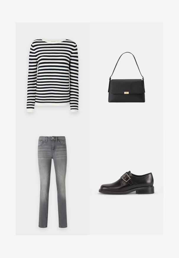Marineblau und weiß gestreifter Langarmpullover mit rundem Halsausschnitt und gerippten Bündchen. Weicher, gestrickter Stoff mit klassischer Passform.; Graue Denim-Jeans im Slim-Fit, mit einem ausgewaschenen Look, fünf Taschen, einem Knopfverschluss und dezenten Nähdetails.; Schwarze Leder-Dressschuhe mit abgerundeter Zehenform, seitlichem Gürtelverschluss und strukturierter Sohle, vor einem schlichten weißen Hintergrund.; Schwarze Handtasche aus strukturiertem Material mit einer klaren Form. Sie verfügt über einen Klappenverschluss, einem goldfarbenen Hardware-Detail und einem einzelnen Griff.