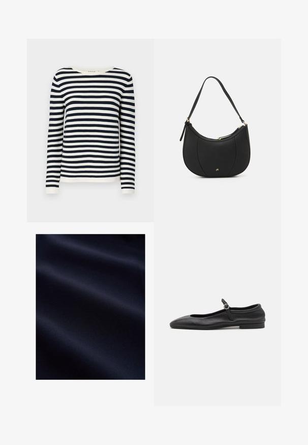 Mørkeblå og hvid stribet langærmet sweater med rund hals og ribbede manchetter. Blødt strikket stof med en klassisk pasform.; Mørk navyblåt glat stof med bløde folder og subtil tekstur, der antyder et let og fint materiale.; Sorte læder balletflade med en rund tå, smal vamp og en lille ankelrem med en cirkulær spænde. Lav, flad sål.; Sort læderhåndtaske med en buet form, struktureret overflade, forreste syninger og et logo i guldfarve. Har en enkelt justerbar rem.