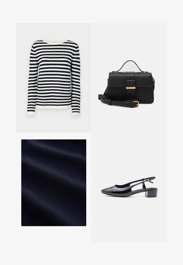 Mørkeblå og hvid stribet langærmet sweater med rund hals og ribbede manchetter. Blødt strikket stof med en klassisk pasform.; Mørk navyblåt glat stof med bløde folder og subtil tekstur, der antyder et let og fint materiale.; Sorte laklæder slingback sko med spids tå, udskårne sider og en lav blokhæl. Har en ankelrem med spænde.; Sort læderhåndtaske med gyldne metalaccenter, rektangulær form, flaplukning, justerbar skulderrem, glat tekstur, minimalistisk design.