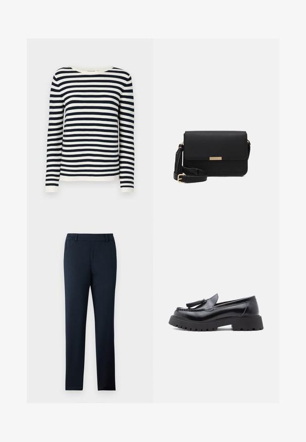 Suéter de rayas navy y blanco de manga larga con cuello redondo y puños acanalados. Tejido de punto suave con un corte clásico.; Pantalones azul marino hechos de una suave tela elástica. Presentan un diseño de frente plano, presillas para cinturón y un corte delgado y entallado.; Mocasines de cuero negro con diseño cónico, adorno de borlas y suela gruesa de goma con patrón de tacos para mayor tracción.; Bolso cruzado de cuero negro con cierre de solapa, acentos en dorado, correa ajustable y superficie texturizada. Forma rectangular compacta.