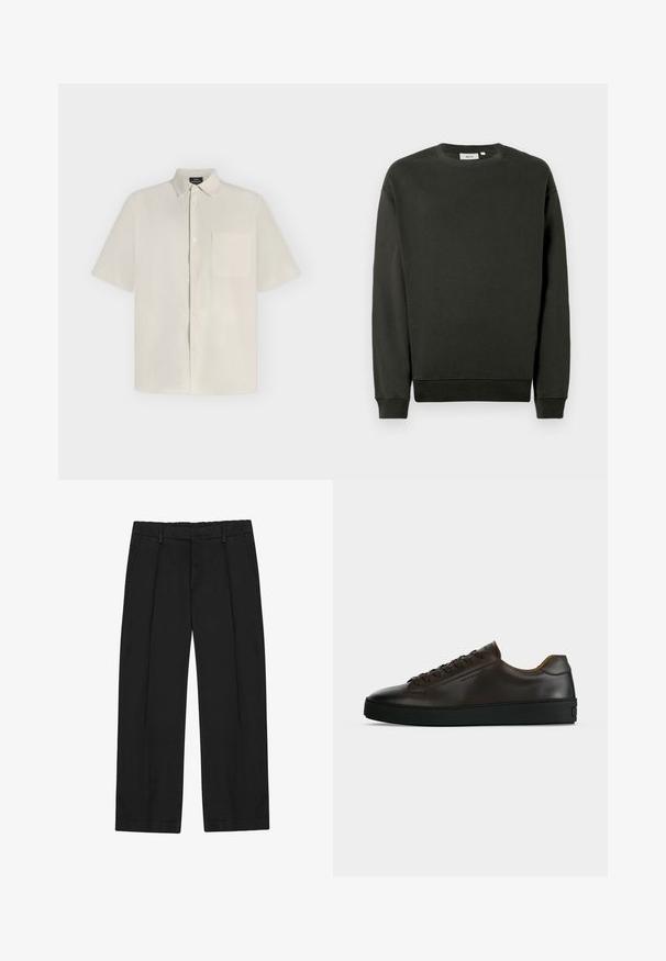 Sweatshirt vert foncé en mélange de coton doux, avec un col rond, des poignets côtelés et une coupe décontractée. Aucun motif ou graphique visible.; Chemise beige à manches courtes avec boutons, col et poche poitrine, présentée à plat sur un fond clair.; Pantalon noir à coupe droite, avec des plis, des poches latérales et une ceinture plate. Confectionné dans un tissu lisse à finition mate.; Baskets basses en cuir marron foncé avec semelle en caoutchouc noire, lacets à l'avant et design minimaliste épuré sur fond clair.