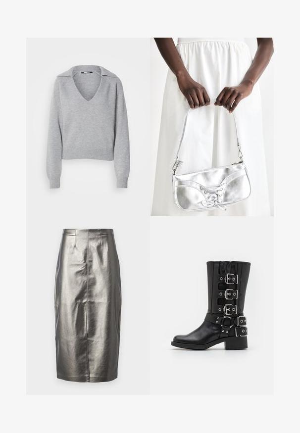 Pull en tricot gris avec un col en V et un col, doté de manches longues et de poignets côtelés. Texture douce, design court, détails minimalistes.; Jupe crayon argentée métallisée en matériau lisse et brillant. Avec une taille haute, une fente arrière et des détails de couture au centre.; Botte en cuir noir avec un haut tige, dotée de plusieurs boucles et sangles en argent, d'un accent circulaire et d'un talon épais. Fini mat.; Sac à main en métal argenté avec un détail à lacets, arborant un design épuré et une courte sangle. Le sac est tenu dans les mains, mettant en valeur sa texture.