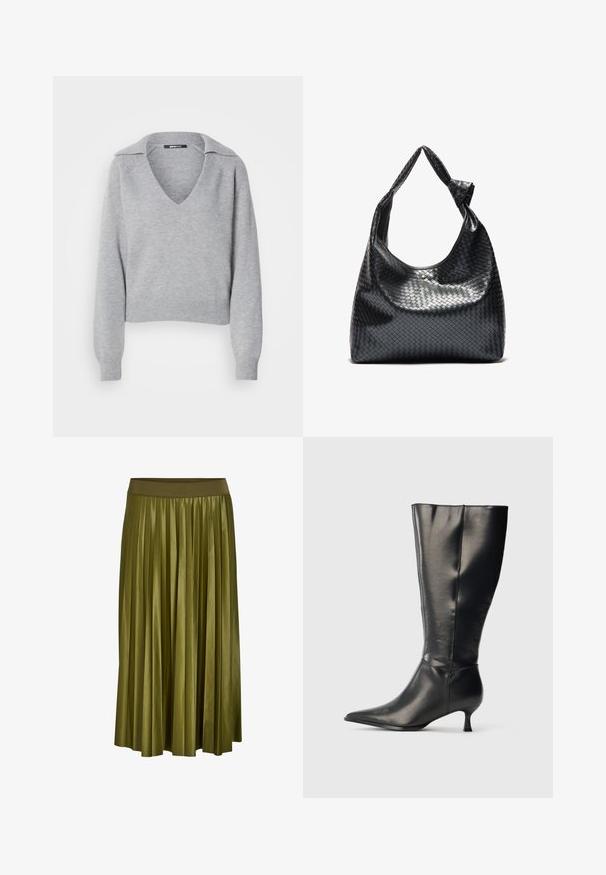 Grijze gebreide trui met een V-hals en een kraag, met lange mouwen en geribbelde manchetten. Zachte textuur, cropped ontwerp, minimale details.; Khaki groene geplooide midirok met brede elastische tailleband en gladde stoftextuur.; Zwarte leren kniehoge laars met puntige neus en lage kittenhak, weergegeven op een effen lichte achtergrond.; Zwarte geweven lederen handtas met een slouchy ontwerp, voorzien van een geknoopte schouderband en een kleine decoratieve gouden stud aan de bovenkant.