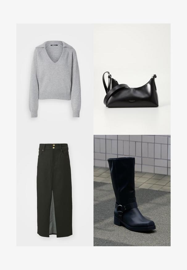 Grå strikket trøje med V-hals og krave, featuring lange ærmer og ribbede manchetter. Blød tekstur, cropped design, minimal detaljer.; Sort denimnederdel med høj talje, to guld knaplukninger, slids foran og sidelommer. Glat tekstur og knælangt design.; Sort læderstøvle midt på læggen med lav blokhæle og en dekorativ rem med metal spænde rundt om anklen, på en flisebelagt fortov.; Sort læderhåndtaske med en glat tekstur. Har en justerbar stropp og et enkelt, minimalistisk design med lynlås.