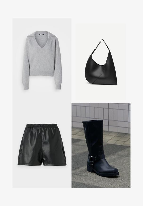 Grijze gebreide trui met een V-hals en een kraag, met lange mouwen en geribbelde manchetten. Zachte textuur, cropped ontwerp, minimale details.; Zwarte nep leren shorts met een elastische tailleband, voorzien van een gladde textuur en een losse pasvorm. Geen zichtbare patronen of accenten.; Zwarte leren kuitlaars met een lage blokhak en een decoratieve riem met metalen gesp rond de enkel, op een betegeld trottoir.; Zwarte leren schoudertas met gebogen driehoekige vorm, enkele verstelbare riem en zichtbare diagonale naad aan de voorkant.
