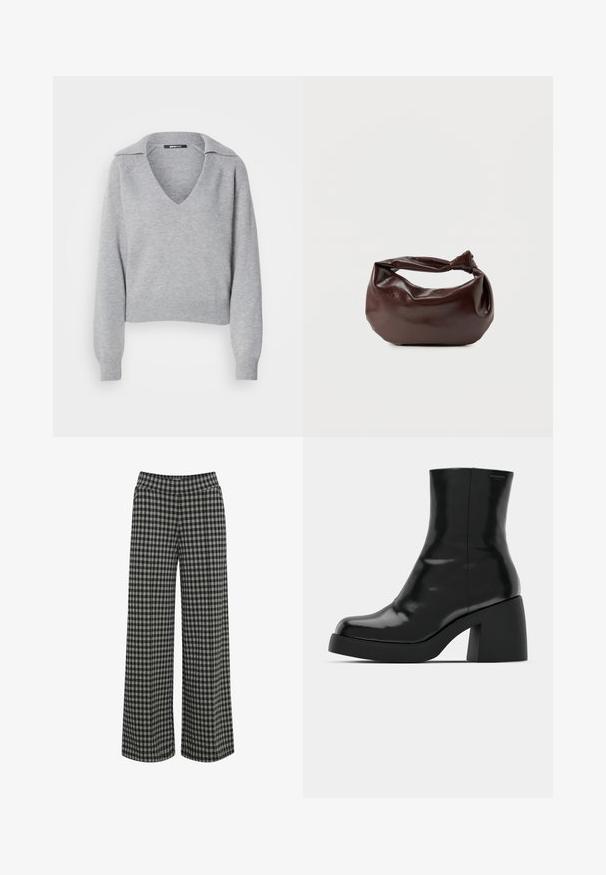 Pull en tricot gris avec un col en V et un col, doté de manches longues et de poignets côtelés. Texture douce, design court, détails minimalistes.; ICHI IHKATE - Pantalon classique - vetiver; Bottines noires à finition brillante, bout carré et épais talon bloc. Le design présente une silhouette homogène et un branding minimal.; Sac bandoulière en cuir marron foncé avec une forme souple et décontractée et une anse nouée torsadée sur un fond blanc uni.