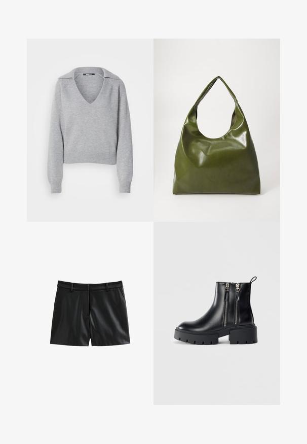 Pull en tricot gris avec un col en V et un col, doté de manches longues et de poignets côtelés. Texture douce, design court, détails minimalistes.; Shorts en cuir noir présentant une texture lisse, une coupe ajustée, des passants de ceinture et deux poches avant, avec un léger éclat.; Bottes noires en cuir jusqu'à la cheville avec des semelles épaisses, des zips sur les côtés et un talon. Texture lisse avec une boucle à l'arrière pour un enfilage facile.; Sac hobo en cuir vert au design décontracté, avec une poignée incurvée et une texture lisse. Ne contient aucun matériel ou accent visible.