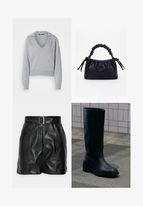 Grå strikket trøje med V-hals og krave, featuring lange ærmer og ribbede manchetter. Blød tekstur, cropped design, minimal detaljer.; Sorte lædershorts med en glat overflade, høj talje og et bredt bælte med en rektangulær sølvspænde. Plisseret design foran.; Høj sort læderstøvle med lav chunky hæl, der står på fortov nær flisebeklædt væg baggrund.; Sort taske med krokodilletekstur, rynket øverste kant, samlet hank og snore med kvaster på hver side mod en hvid baggrund.