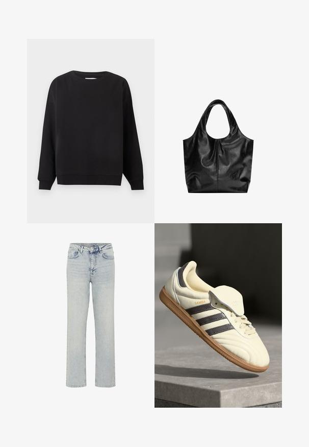 Zwarte trui met ronde hals, lange mouwen en geribde boorden en zoom, weergegeven op een vlakke lichtgrijze achtergrond.; My Essential Wardrobe WIDE 05 THE LOUIS 139 - Relaxed fit jeans - light blue dirty wash; Crème leren sneaker met drie donkere strepen, een bruine gumrubberen zool en een ronde neus. Voorzien van een opvouwbare tong met het label "SAMBA."; Zwarte leren tote bag met een gladde textuur, een zachte ronde bovenkant en brede handvatten. Kenmerkt zich door minimale stiksels en een slungelige silhouet.