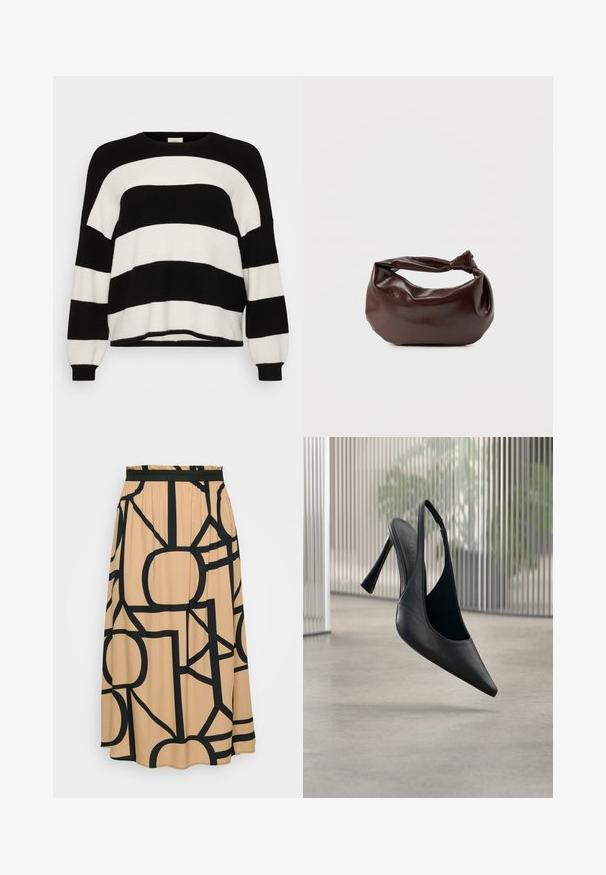 Stribet sort-hvid strikket sweater med rund hals, lange ærmer, ribbede manchetter og blød tekstur, med vekslende brede striber.; En lang beige nederdel med et sort geometrisk mønster. Funktioner et elastisk taljebånd og en glat stoftekstur. Rundet søm i bunden.; Sort læder slingback stilet hælsko med spids tå, svævende over en glat beton gulv og vertikal metal panel baggrund.; Mørkebrun læder skuldertaske med en blød, afslappet form og et snoet knudehåndtag på en ensartet hvid baggrund.