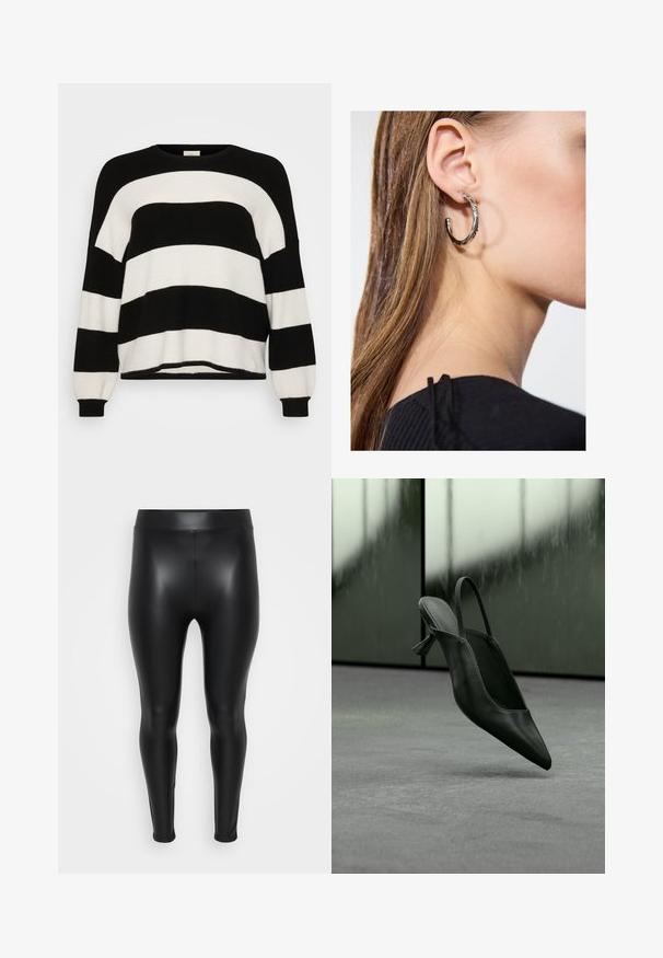 Suéter de punto a rayas en blanco y negro con cuello redondo, mangas largas, puños acanalados y textura suave, que presenta rayas anchas alternas.; Leggings negros hechos de un material suave y brillante. Cintura alta, diseño ajustado y sin costuras ni patrones visibles.; Zapato de tacón alto con punta puntiaguda y talón destalonado de cuero negro flotando sobre un suelo alfombrado gris, fondo de pared verdosa borrosa.; Pendiente de aro de plata con un acabado pulido, que presenta pequeños detalles en dorado y una forma redonda, llevado en el lóbulo.