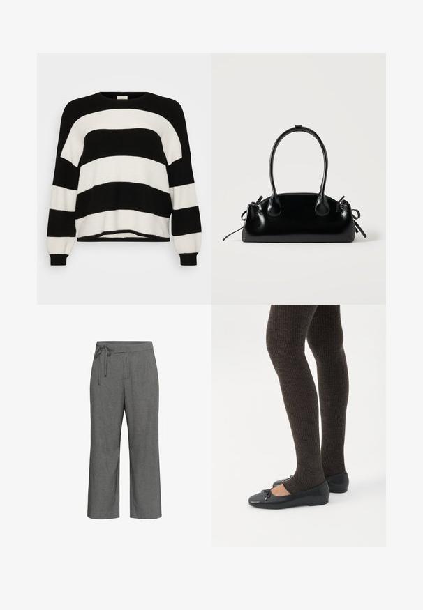 Pull en tricot noir et blanc à rayures, avec un col rond, des manches longues, des poignets côtelés et une texture douce, présentant des rayures larges alternées.; Pantalon large gris avec un motif de fines rayures, taille haute et détail de ceinture à lien noué à la taille.; Jambes portant des leggings côtelés foncés associés à des ballerines noires avec de petits détails en nœud sur fond blanc.; Petit sac à main noir brillant avec deux longues anses et des détails à cordon sur les côtés sur un fond clair uni.