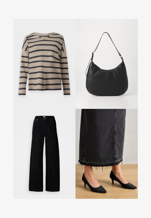 Beige langærmet top med marineblå horisontale striber, med en bred V-hals og drop-skuldre, lavet af blødt, let materiale.; Bredde ben sorte denim jeans med knaplukning, fem lommer og en ren finish. Fremstillet af tekstureret stof for holdbarhed.; Sorte ruskindpumps med spids tå og en 3 tommer hæl, parret med en lang, mørk denimskørt med frynset kant.; Sort hobo-taske lavet af glat, holdbart materiale. Har en enkelt justerbar rem og et subtilt præglogo på forsiden.