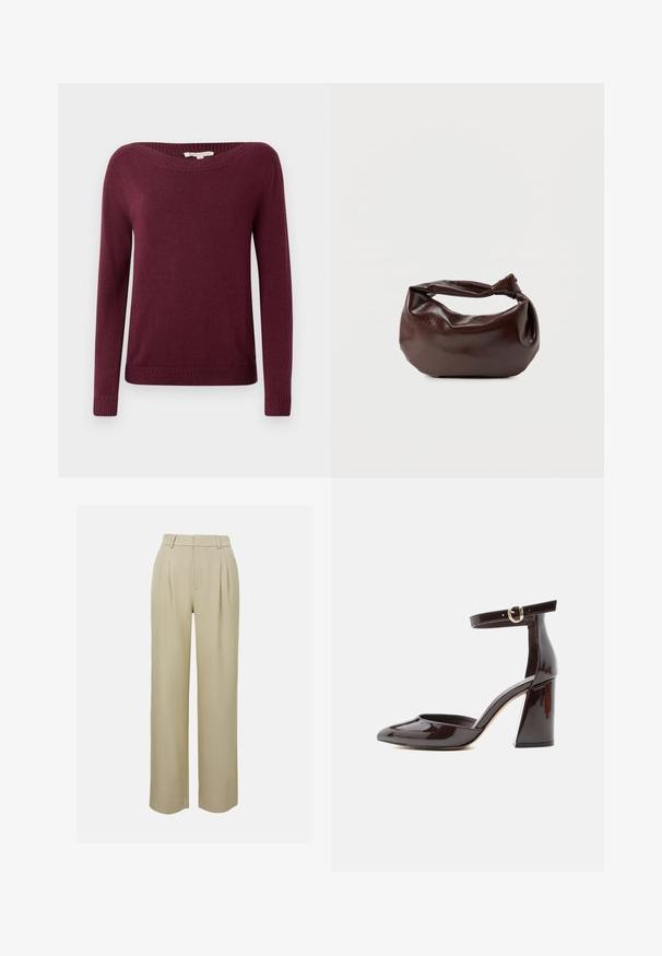 Burgundy-neule, jossa on leveä kaula-aukko, pitkät hihat ja ribbireunat, joka on sileäpintainen ja yksinkertaisen muotoilun omaava.; Beige leveleet housut valmistettu sileästä kankaasta, joissa on etupleatit, muotoiltu vyötärö ja sivutaskut. Siisti helman viimeistely.; Tummanruskeat kiiltävästä nahasta valmistetut korkokengät, joissa on terävä kärki, blokki-korko ja säädettävä nilkkahihna kultaisella soljella.; Tummanruskea nahkainen olkalaukku, jossa on pehmeä, rento muoto ja kiertynyt solmukahva valkoisella taustalla.