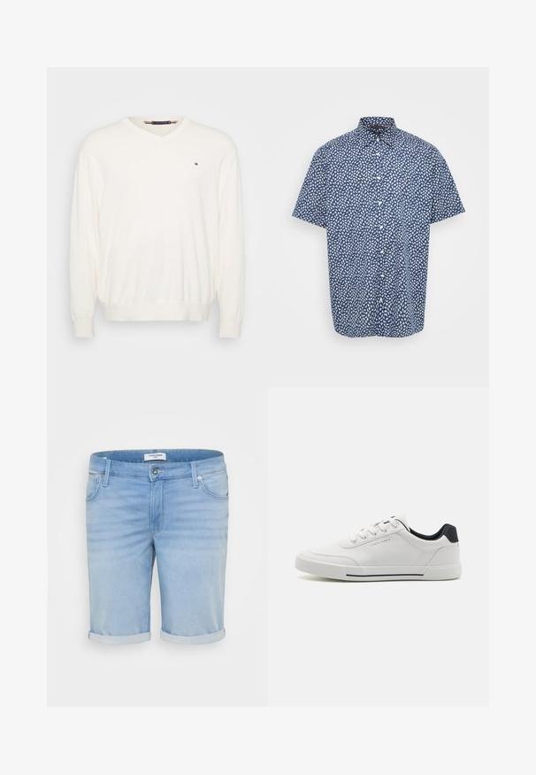 Creme V-hals sweater lavet af blødt stof med lange ærmer og ribbede manchetter, med et lille logo på venstre bryst.; Kortærmet skjorte med knapper i navy med hvidt bladmønster, lavet af bomuldsstof, med klassisk krave og forlommer.; Lysblå denimshorts med en let falmet finish, opfoldede bukseben, fem-lommer design og en metalknaplukning.; Hvide sneakers med en glat syntetisk overdel, rund tå, snørebåndsdesign, marineblå accent på hælen og en tekstureret gummisål med en sort stribe.