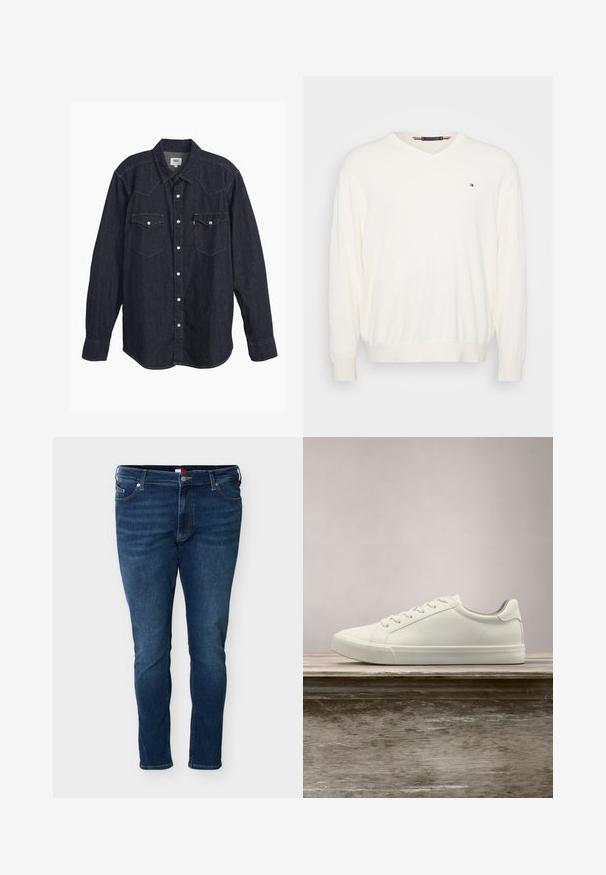 Crème V-hals trui gemaakt van zachte stof met lange mouwen en ribbelmanchetten, voorzien van een klein logo op de linkerborst.; Donkerdenim langärmige shirt met puntkraag, twee borstzakken, witte knopen en contrasterende gele stiksels. Glad, stevig stof.; Donkere blauwe denim jeans met rechte pasvorm, voorzien van een knoop- en ritssluiting aan de voorkant, voor- en achterzakken en riemlussen.; Witte vetersneaker die boven een houten bank zweeft met groene bladeren op de achtergrond, waarbij het ontwerp en de textuur van de schoen worden getoond.