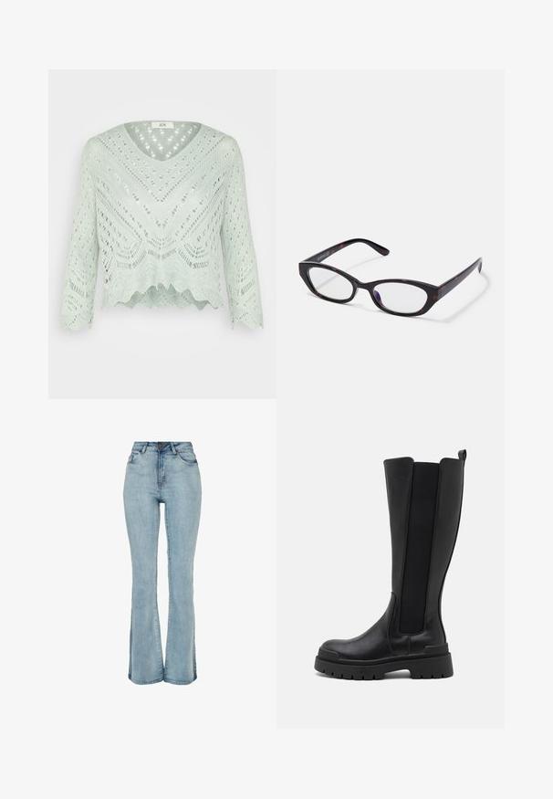 Hellgrüner, gekürzter Pullover mit V-Ausschnitt, langen Ärmeln und offenem Strickmuster mit gewelltem Saum und komplizierten geometrischen Designs.; Helle blaue, ausgestellte Jeans mit hoher Taille, vier Taschen und subtiler Ausbleichung. Mit Knopfverschluss und Gürtelschlaufen am Bund.; Even&Odd Plateaustiefel - black; Katzenaugen-Brillen mit einem glänzenden, dunkel-schalenförmigen Kunststoffrahmen, der geschwungene Arme und klare Gläser aufweist. Minimale Markenkennzeichnung an der Seite.