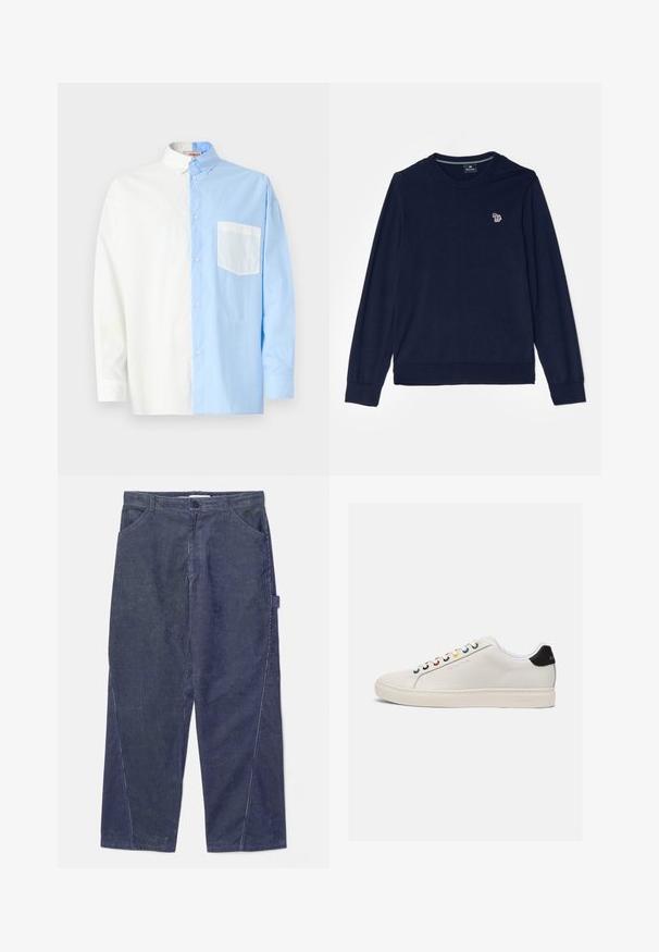 PS Paul Smith MEN SWEATER CREW NECK - Trui - dark blue; Overhemd met knoopsluiting in een kleurencombinatie van de helft wit en de helft lichtblauw. Gemaakt van katoen en voorzien van een patchzak aan de lichtblauwe zijde.; WOOD WOOD WWWILSON TWISTED SEAM TROUSERS - Broek - envy green; Witte leren sneaker met een licht afgeronde neus, platte zool, meerkleurige veterogen, zwarte hielclip en een geperst logo aan de zijkant.