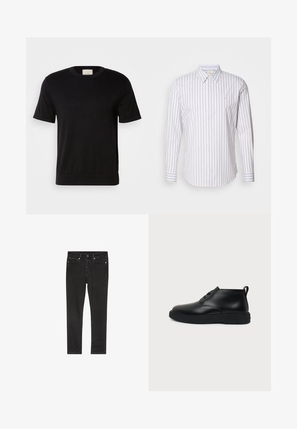 Schwarzes T-Shirt mit kurzen Ärmeln aus weicher Baumwolle. Es hat einen runden Ausschnitt, eine gerippte Textur und ein dezentes Logo-Detail auf der Brust.; Calvin Klein SLIM FIT - Hemd - gray marble; Schwarze Denim-Jeans mit schmaler Passform, ausgestattet mit vier Taschen, einem Metallknopfverschluss und leichten Used-Details. Glatte Textur und klassisches Design.; Schwarzer knöchelhoher Schnürschuh aus Leder mit dicker Gummisohle und Zuglasche an der Ferse, im Seitenprofil vor einfarbigem Hintergrund gezeigt.