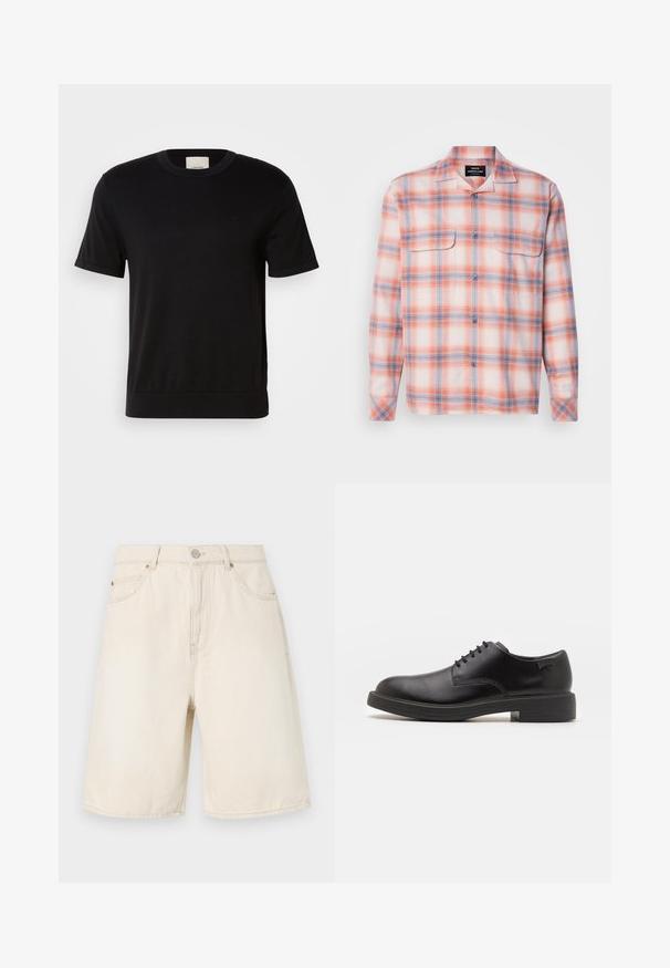 Sort kortærmet T-shirt lavet af blødt bomuld. Har rund halsudskæring, ribbet tekstur og en diskret logoaccent på brystet.; Langærmet skjorte med knapper i orange, hvid og lilla ternet mønster, med to brystlommer og spredt krave.; Beige denimshorts med høj talje, der har en knap- og lynlåslukning, frontlommer og stikninger langs kanten.; Sorte læder snørestøvle med rund tå, glat tekstur, minimal syning og lav gummihæl. Logo på hælen.