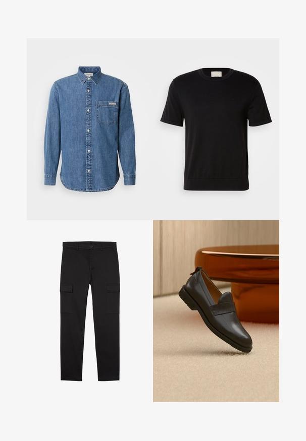 Sort kortærmet T-shirt lavet af blødt bomuld. Har rund halsudskæring, ribbet tekstur og en diskret logoaccent på brystet.; Denimskjorte i mellemblå med knappet krave, lange ærmer, forlommes og hvide knapper. Har en let buet kant.; Sorte cargo bukser med lige ben, sidelommer med klap, forreste knap, bæltestropper og et rent, minimalistisk design.; Sort læderloafer med lav hæl svævende over beige tæppe ved siden af et blankt ravfarvet bord i et minimalistisk rum.