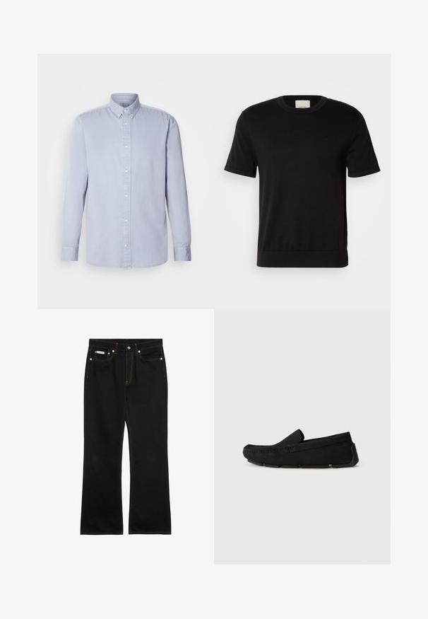 Camiseta negra de manga corta hecha de algodón suave. Presenta un cuello redondo, textura acanalada y un sutil acento de logo en el pecho.; Camisa de botones de manga larga en azul claro, hecha de algodón con una textura suave, que presenta un cuello clásico y botones en la parte delantera.; Vaqueros negros de pierna recta con costuras naranjas, cinco bolsillos, cierre de botón y una pequeña etiqueta Calvin Klein en el bolsillo delantero derecho.; Mocasin de ante negro con suela de goma y tacón bajo, diseño sin cordones, costura visible y logotipo sutil cerca del tacón.