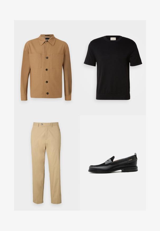 Schwarzes T-Shirt mit kurzen Ärmeln aus weicher Baumwolle. Es hat einen runden Ausschnitt, eine gerippte Textur und ein dezentes Logo-Detail auf der Brust.; BOSS CRAIG - Hemd - medium beige; Beige Hosen aus Baumwollmischung mit geradem Bein, vorderen Taschen und Knopfverschluss. Glatte Textur und umgeschlagene Säume.; Schwarzer Lederloafer mit grauem Riemendetail, niedrigem Absatz und strukturierter Sohle, seitlich mit „HUGO“ in Gold gebrandmarkt.