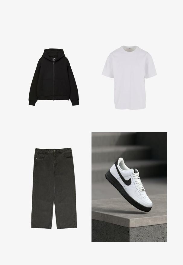 Sweat à capuche noir zippé avec capuche, deux poches avant, manches et ourlet côtelés. Fabriqué en tissu doux avec un design minimaliste et un détail de logo subtil.; T-shirt blanc à manches courtes en coton doux, avec un col rond et une coupe décontractée à ourlet droit. Aucun motif ni accent visible.; Pantalons larges en denim noir avec taille haute, cinq poches et fermeture à bouton. Texture douce et design droit.; Baskets en cuir blanc avec accents noirs, bout arrondi et détails perforés. Semelle en caoutchouc noire avec motif texturé et fermeture à lacets.