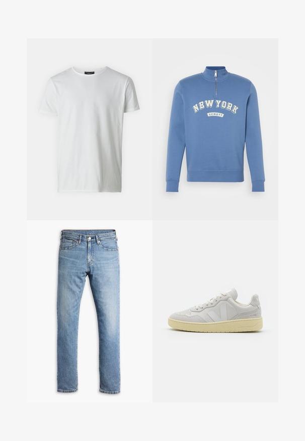 Sudadera azul con alto cuello y cierre de cremallera, que presenta texto en blanco curvado "NEW YORK" y etiqueta "SCHOTT" en la parte frontal. Textura suave.; Camiseta blanca de manga corta y cuello redondo, hecha de algodón con una textura suave. Presenta una etiqueta en el cuello. Diseño simple y liso.; Jeans de mezclilla azul claro con un diseño de pierna recta, cinco bolsillos, costuras en contraste y un cierre de botón y cremallera en la cintura.; Zapatillas gris claro con materiales de cuero y ante, parte superior perforada, suela de goma y detalle destacado del logo en el lateral.
