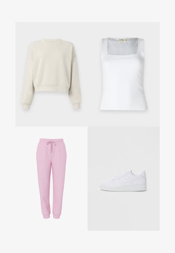 Lys beige cropped sweatshirt med lange ærmer, ribbet krave og manchetter, blød stofstruktur, minimalistisk design, ingen synlige mønstre eller accenter.; Hvid top med firkantet halsudskæring lavet af glat stof. Har brede stropper og en tætsiddende silhuet. Ingen synlige mønstre eller dekorationer.; Lyserøde joggers med elastisk linning, snørebånd, sidelommer og elastiske manchetter, vist på hvid baggrund.; Hvide Nike Air Force 1 sneakers med læderoverdel, rund tå, snørelukning, polstret krave og struktureret gummisål.