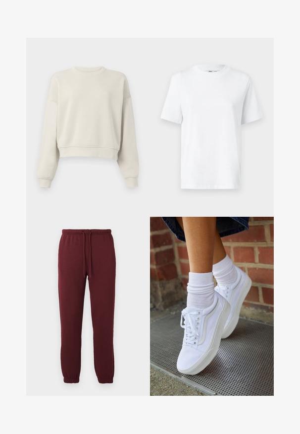 Lichtbeige cropped sweatshirt met lange mouwen, geribde kraag en manchetten, zachte stofstructuur, minimalistisch design, geen zichtbare patronen of accenten.; Witte katoenen T-shirt met ronde hals, korte mouwen en een gladde textuur. Ontworpen met een comfortabele en veelzijdige relaxte pasvorm.; Bordeaux joggerbroeken met elastische tailleband, trekkoord, zijzakken en elastische boorden op een effen witte achtergrond.; Witte canvas sneakers met rubberen zolen, voorzien van zes vetertjes, een ronde neus en lichte stikdetails, gecombineerd met witte enkelsokken.