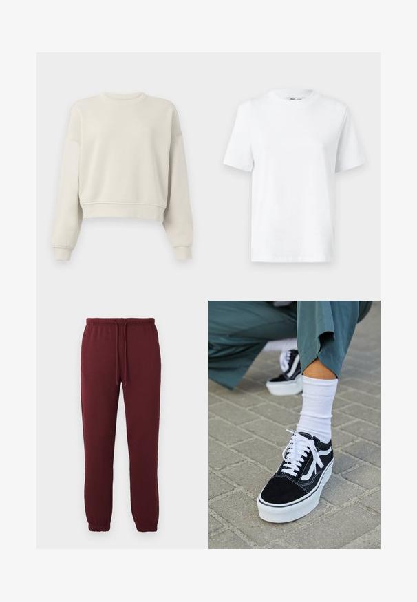 Lichtbeige cropped sweatshirt met lange mouwen, geribde kraag en manchetten, zachte stofstructuur, minimalistisch design, geen zichtbare patronen of accenten.; Witte katoenen T-shirt met ronde hals, korte mouwen en een gladde textuur. Ontworpen met een comfortabele en veelzijdige relaxte pasvorm.; Bordeaux joggerbroeken met elastische tailleband, trekkoord, zijzakken en elastische boorden op een effen witte achtergrond.; Zwarte suède sneaker met witte accenten en veters, uitgerust met een dikke witte zool en contrasterende stiksels, gecombineerd met een witte sok.